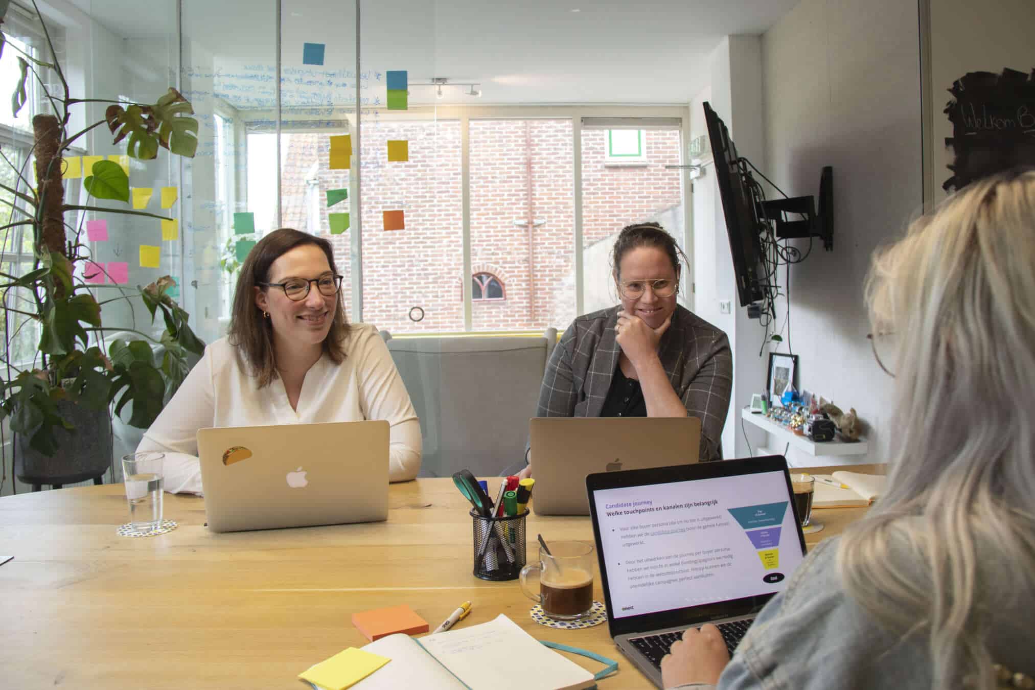 Petra en Renate aan de vergadertafel praten over funnelstrategie