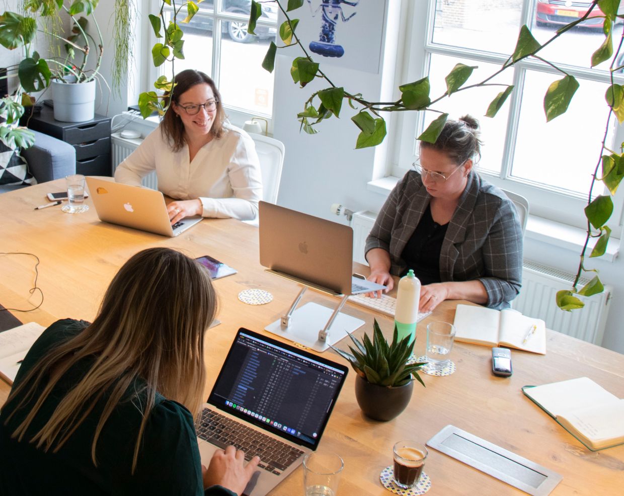 Petra, Renate en Sandra hard aan het werk aan tafel