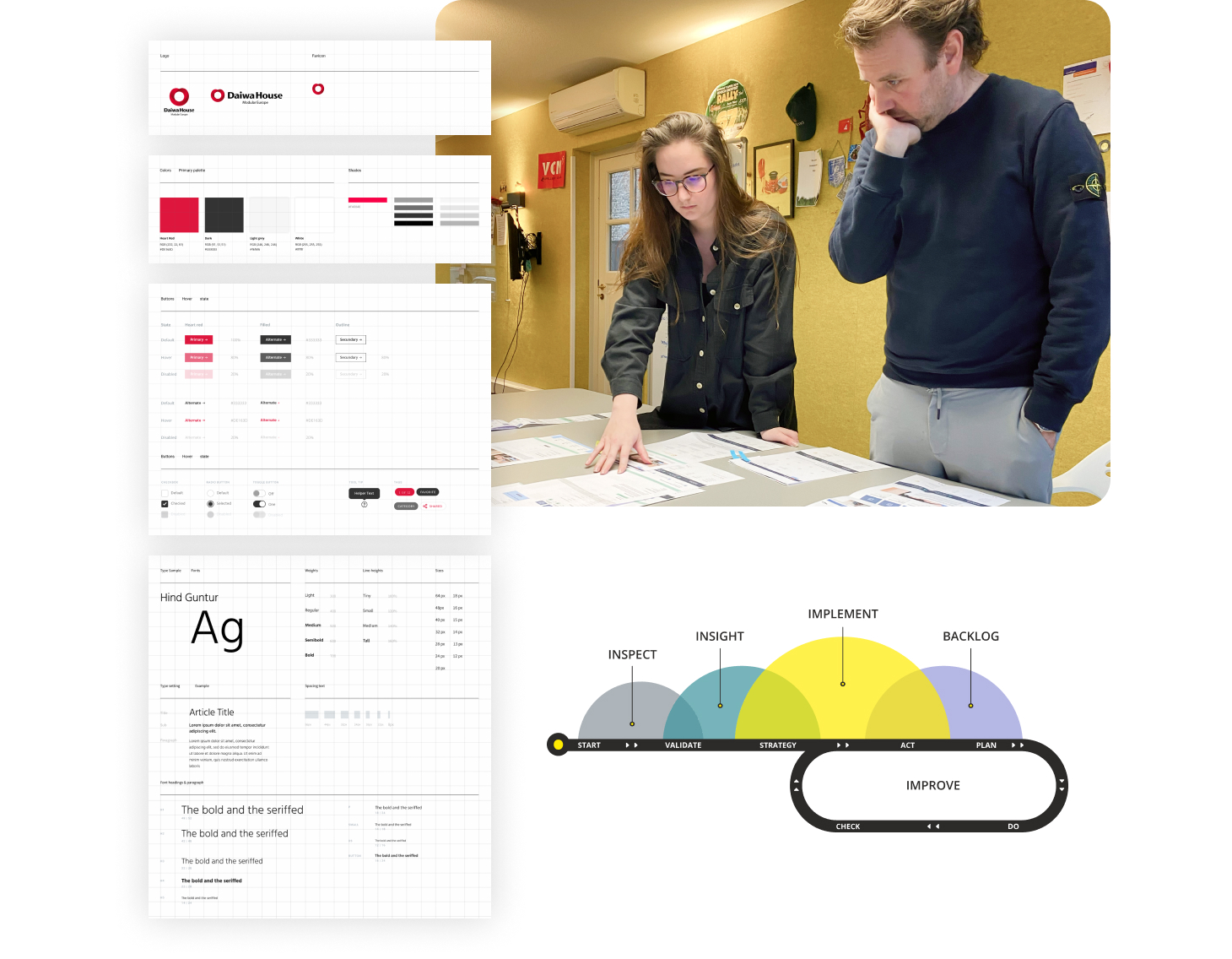 Cynthia van Steenvelt en Tim Janssen bespreken het ontwerp voor de nieuwe website van Daiwa House Modular Europe